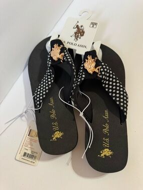 U.S. Polo Assn. Black and White Polka Dot Women's Flip Flops with Gold Emblem